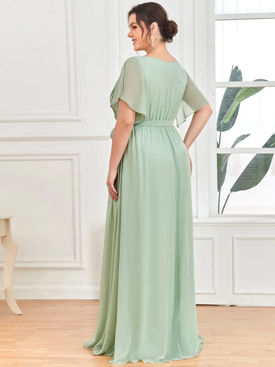 Chiffon Pleated V-Neck Flutter Sleeve Maxi Bridesmaid Dress