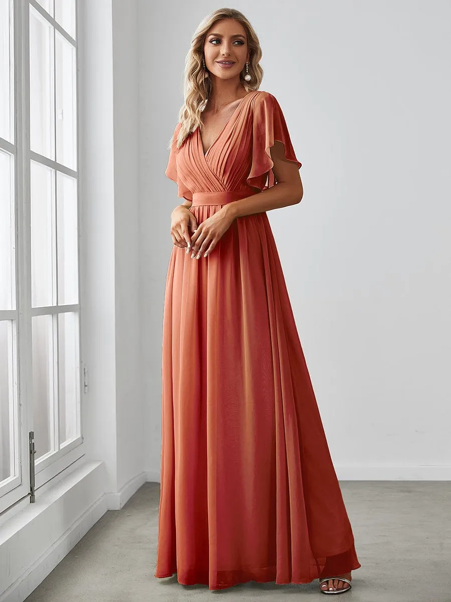Chiffon Pleated V-Neck Flutter Sleeve Maxi Bridesmaid Dress