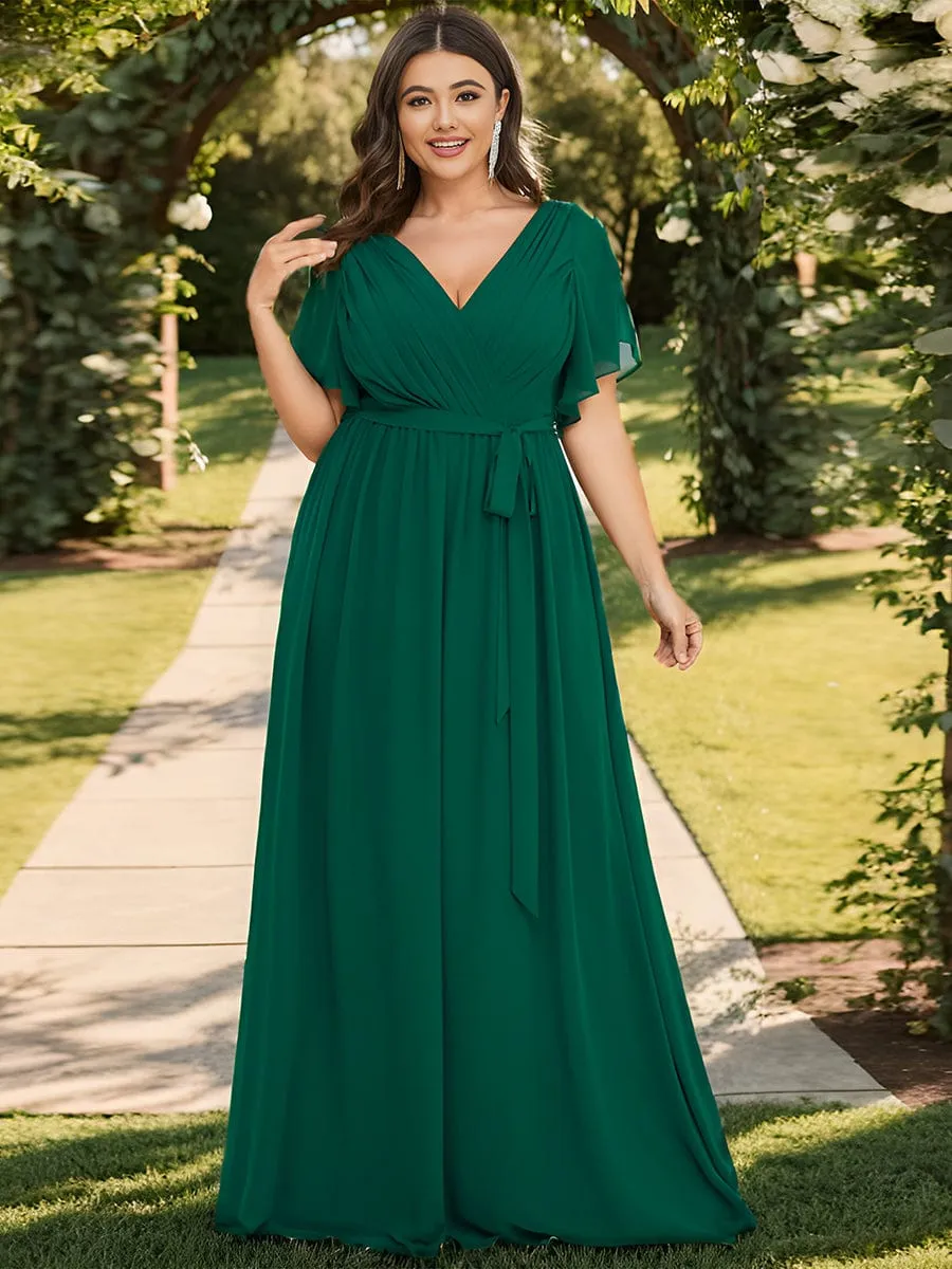 Chiffon Pleated V-Neck Flutter Sleeve Maxi Bridesmaid Dress