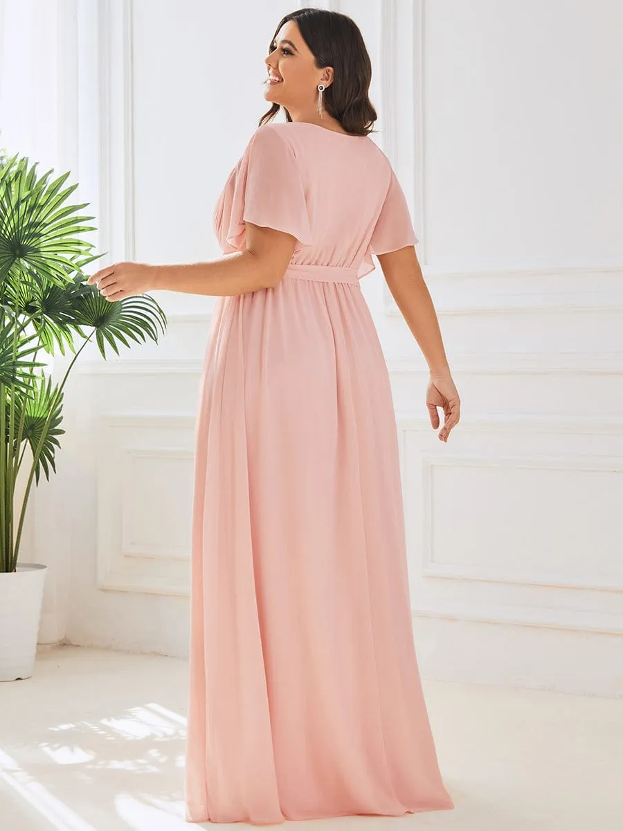Chiffon Pleated V-Neck Flutter Sleeve Maxi Bridesmaid Dress