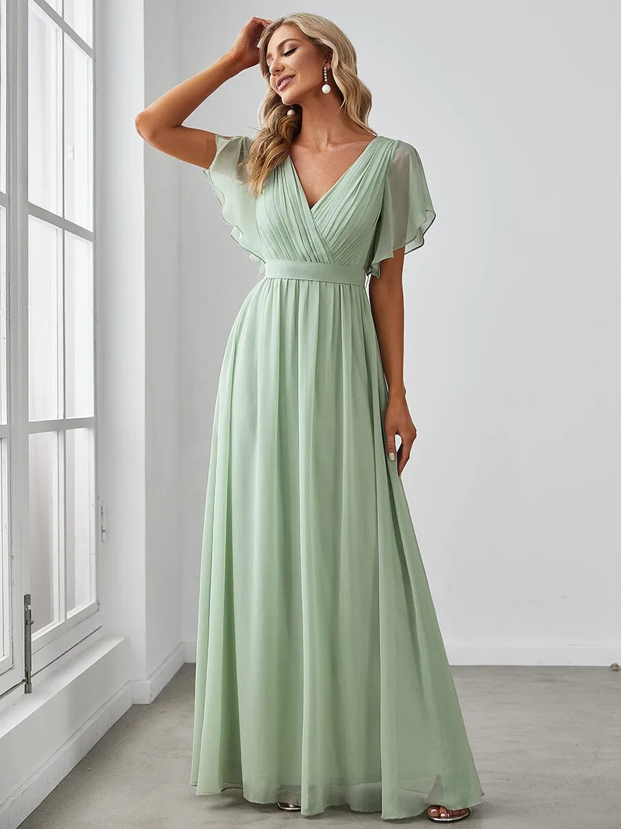 Chiffon Pleated V-Neck Flutter Sleeve Maxi Bridesmaid Dress