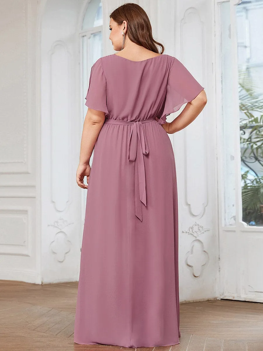 Chiffon Pleated V-Neck Flutter Sleeve Maxi Bridesmaid Dress