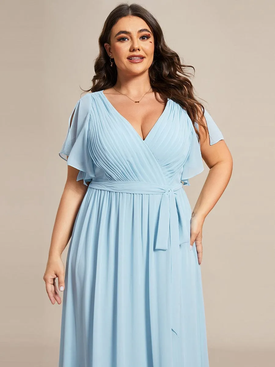 Chiffon Pleated V-Neck Flutter Sleeve Maxi Bridesmaid Dress