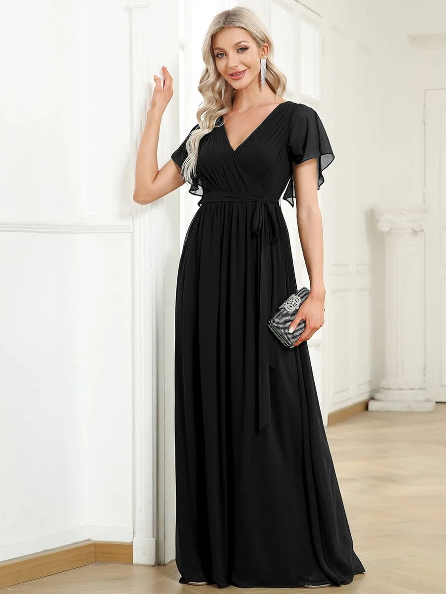 Chiffon Pleated V-Neck Flutter Sleeve Maxi Bridesmaid Dress