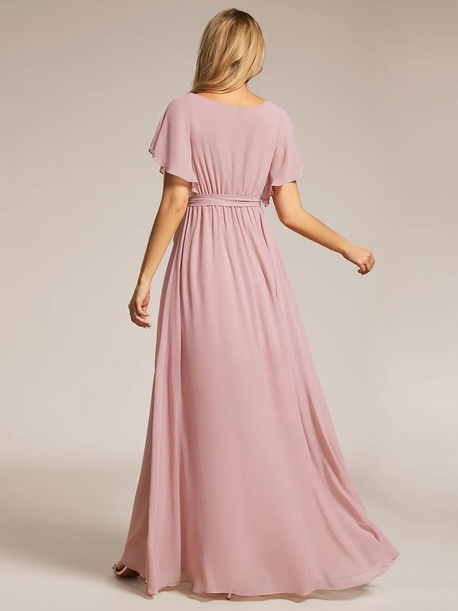 Chiffon Pleated V-Neck Flutter Sleeve Maxi Bridesmaid Dress