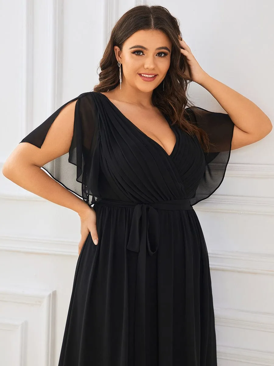 Chiffon Pleated V-Neck Flutter Sleeve Maxi Bridesmaid Dress