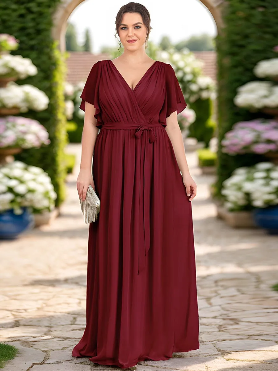 Chiffon Pleated V-Neck Flutter Sleeve Maxi Bridesmaid Dress