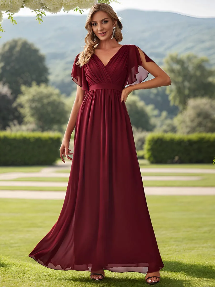 Chiffon Pleated V-Neck Flutter Sleeve Maxi Bridesmaid Dress