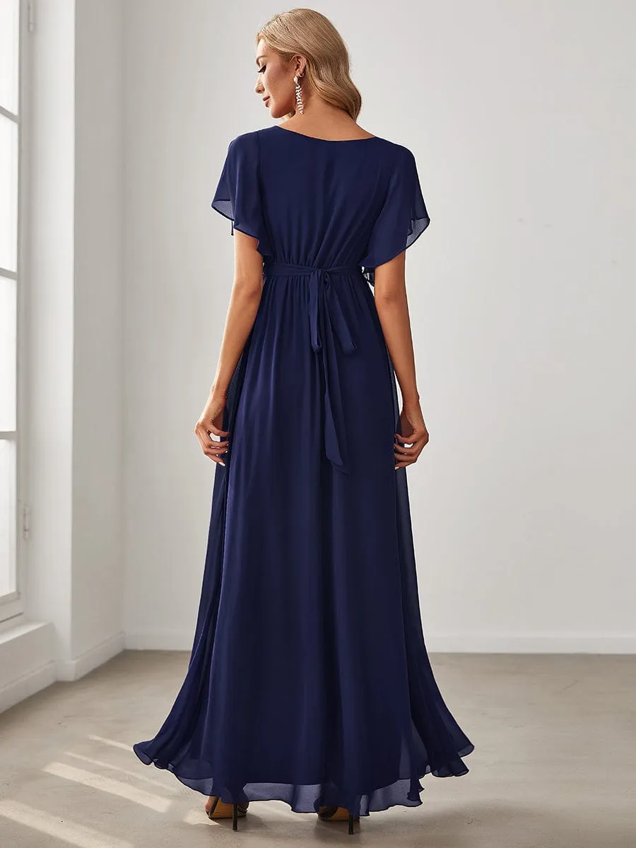 Chiffon Pleated V-Neck Flutter Sleeve Maxi Bridesmaid Dress