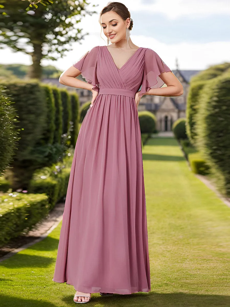 Chiffon Pleated V-Neck Flutter Sleeve Maxi Bridesmaid Dress