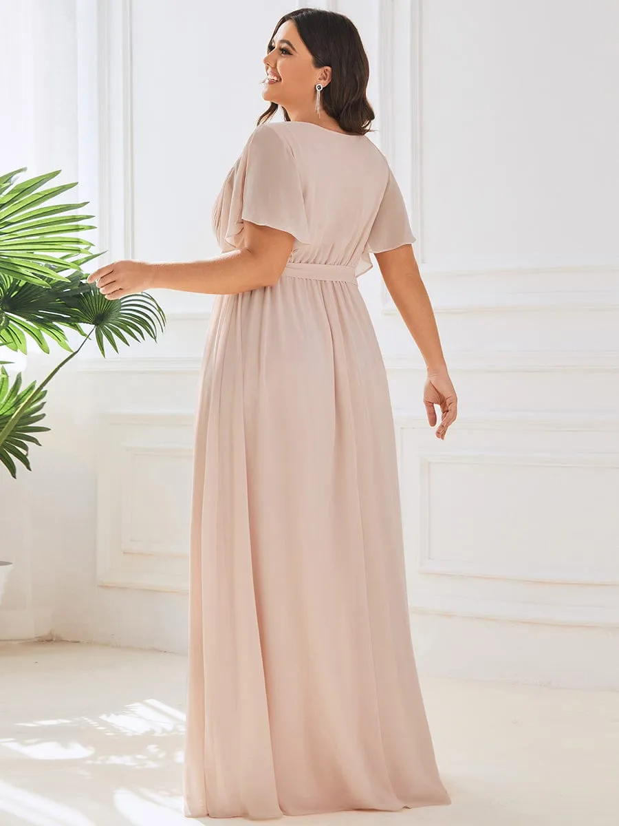 Chiffon Pleated V-Neck Flutter Sleeve Maxi Bridesmaid Dress