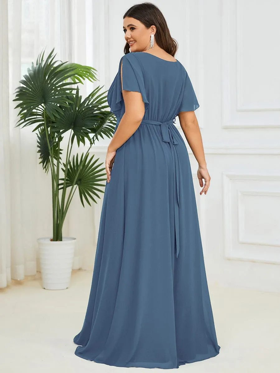 Chiffon Pleated V-Neck Flutter Sleeve Maxi Bridesmaid Dress
