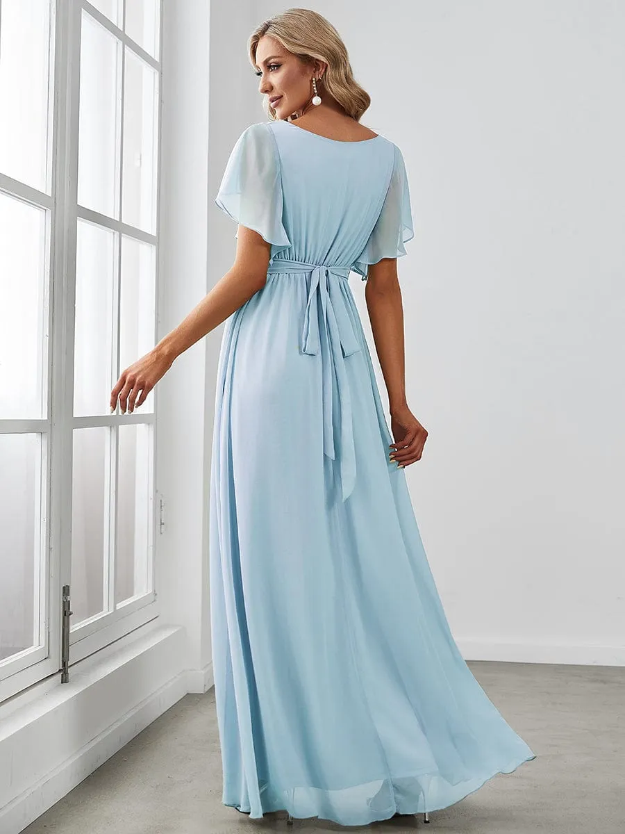 Chiffon Pleated V-Neck Flutter Sleeve Maxi Bridesmaid Dress