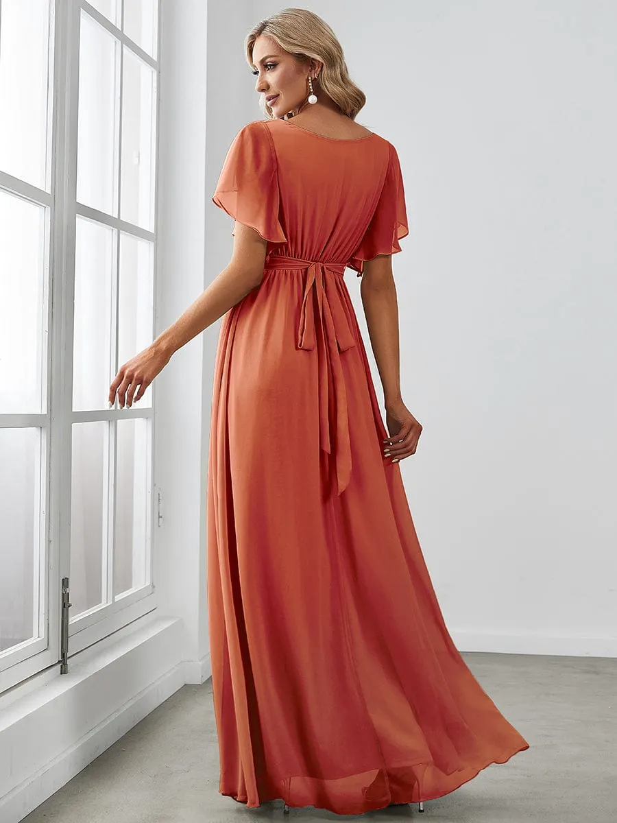 Chiffon Pleated V-Neck Flutter Sleeve Maxi Bridesmaid Dress