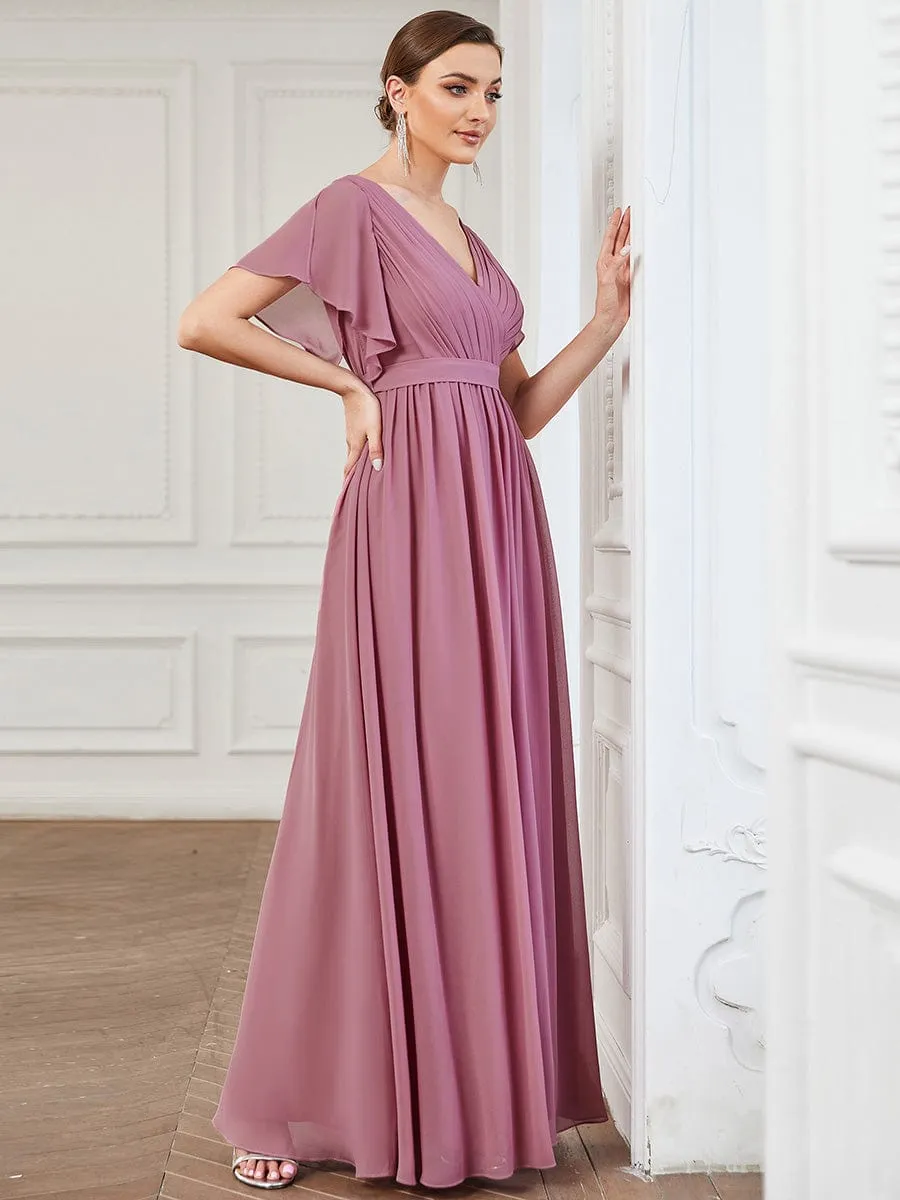 Chiffon Pleated V-Neck Flutter Sleeve Maxi Bridesmaid Dress