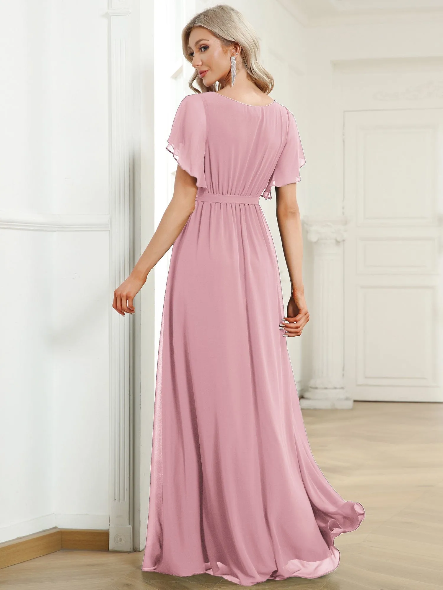 Chiffon Pleated V-Neck Flutter Sleeve Maxi Bridesmaid Dress