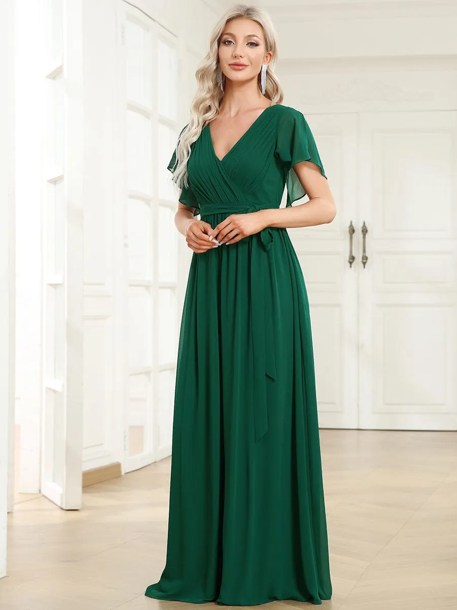 Chiffon Pleated V-Neck Flutter Sleeve Maxi Bridesmaid Dress