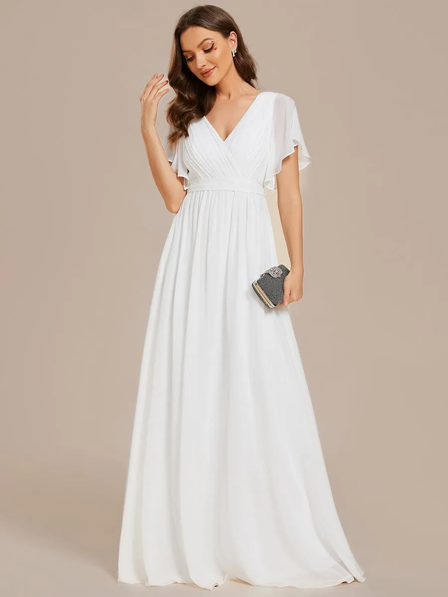 Chiffon Pleated V-Neck Flutter Sleeve Maxi Bridesmaid Dress