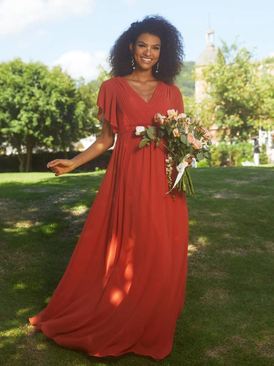 Chiffon Pleated V-Neck Flutter Sleeve Maxi Bridesmaid Dress