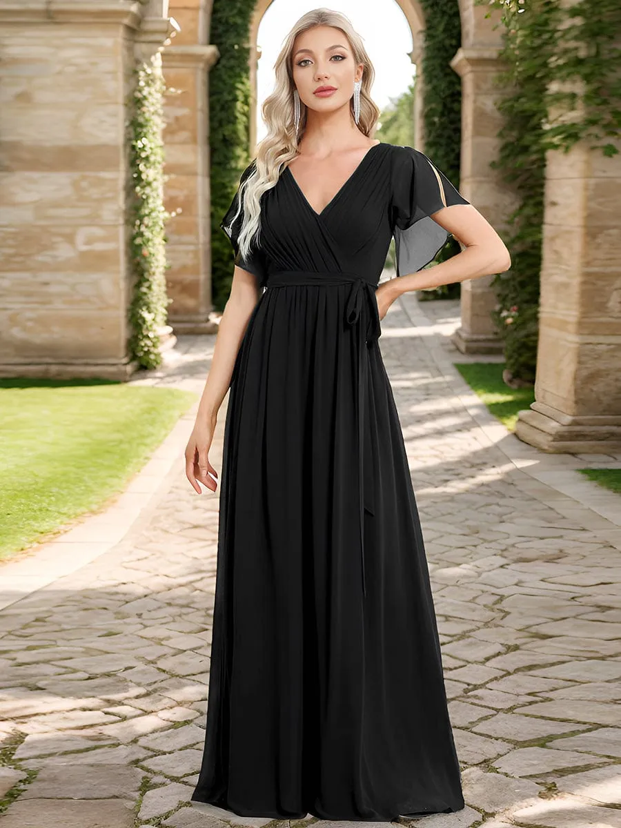 Chiffon Pleated V-Neck Flutter Sleeve Maxi Bridesmaid Dress