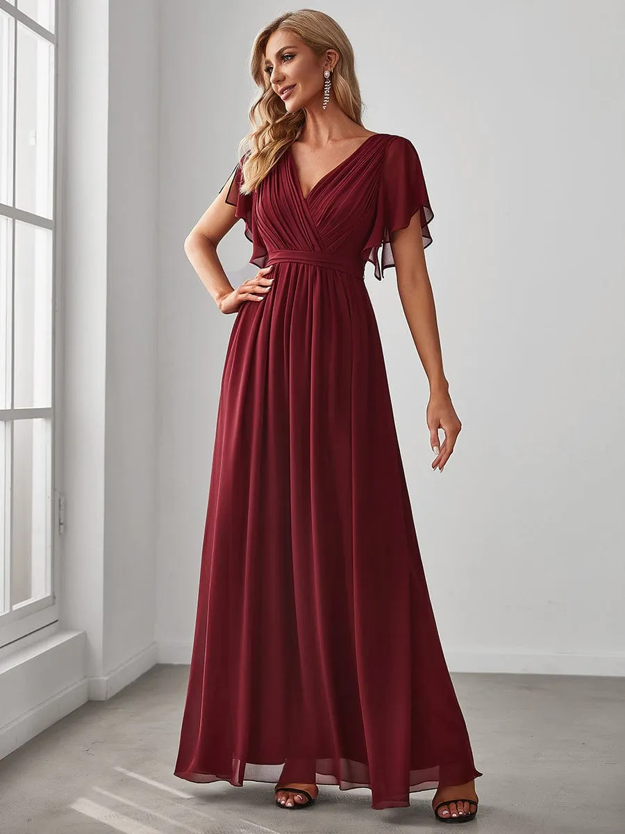 Chiffon Pleated V-Neck Flutter Sleeve Maxi Bridesmaid Dress