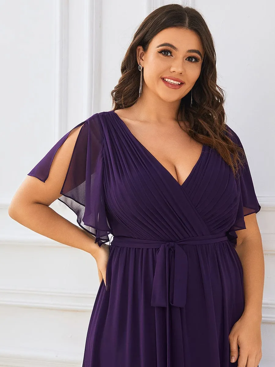 Chiffon Pleated V-Neck Flutter Sleeve Maxi Bridesmaid Dress