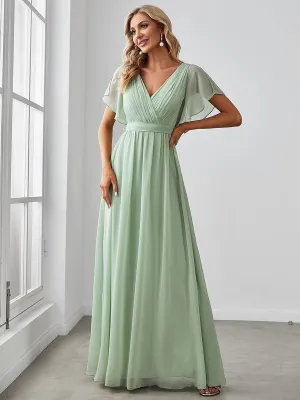 Chiffon Pleated V-Neck Flutter Sleeve Maxi Bridesmaid Dress