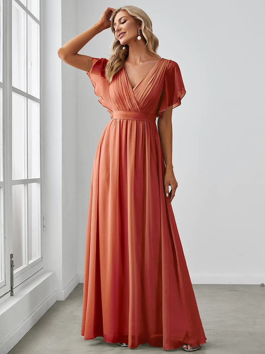 Chiffon Pleated V-Neck Flutter Sleeve Maxi Bridesmaid Dress