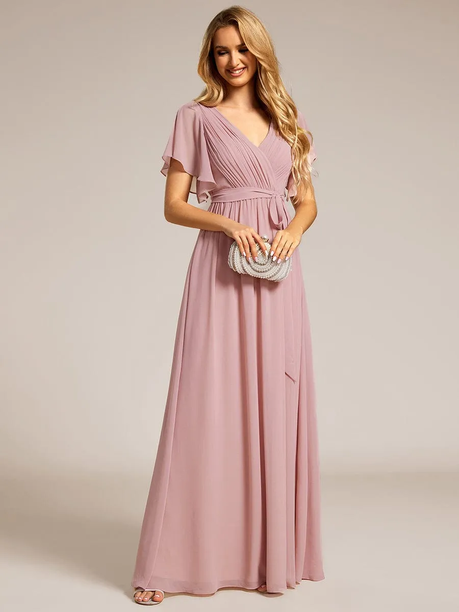 Chiffon Pleated V-Neck Flutter Sleeve Maxi Bridesmaid Dress