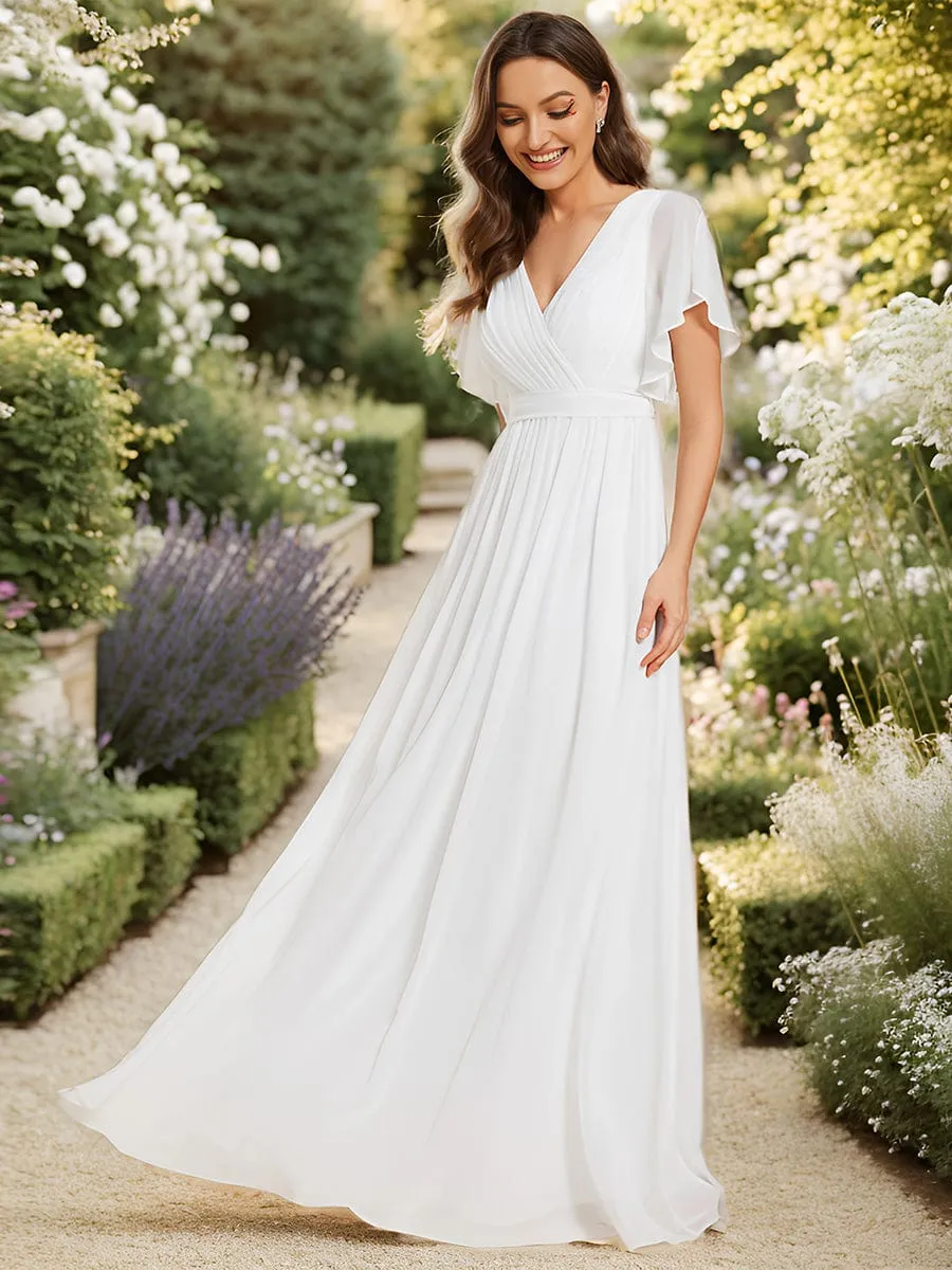 Chiffon Pleated V-Neck Flutter Sleeve Maxi Bridesmaid Dress
