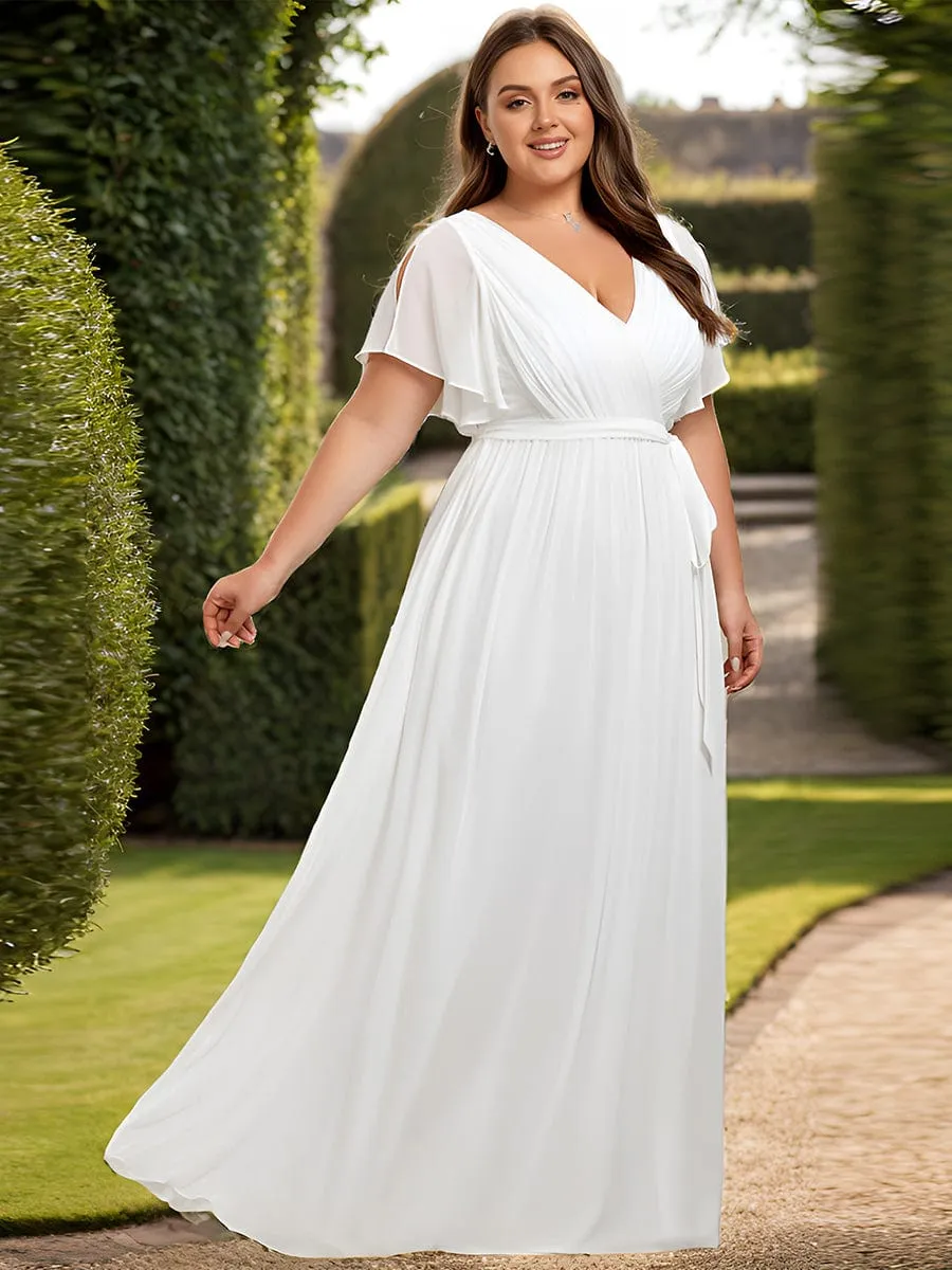 Chiffon Pleated V-Neck Flutter Sleeve Maxi Bridesmaid Dress