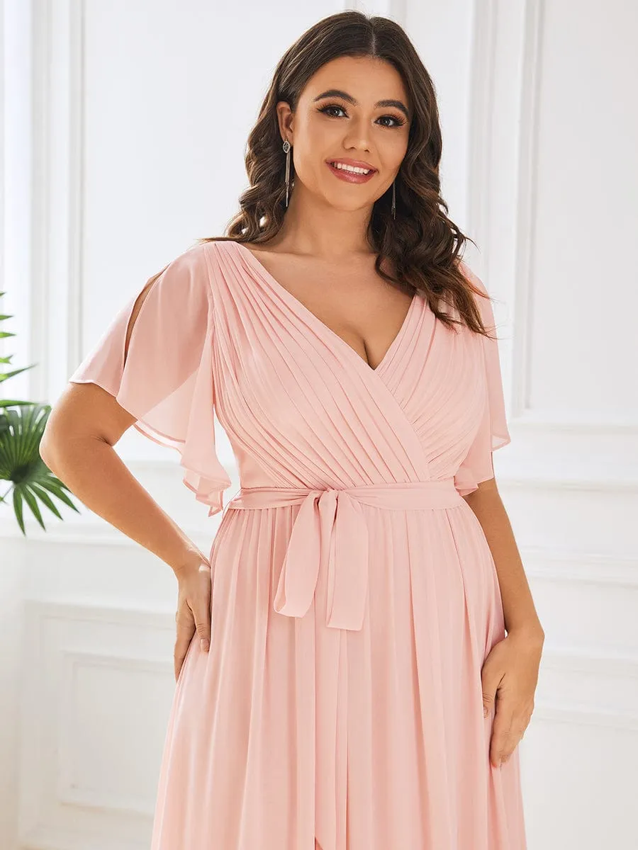 Chiffon Pleated V-Neck Flutter Sleeve Maxi Bridesmaid Dress