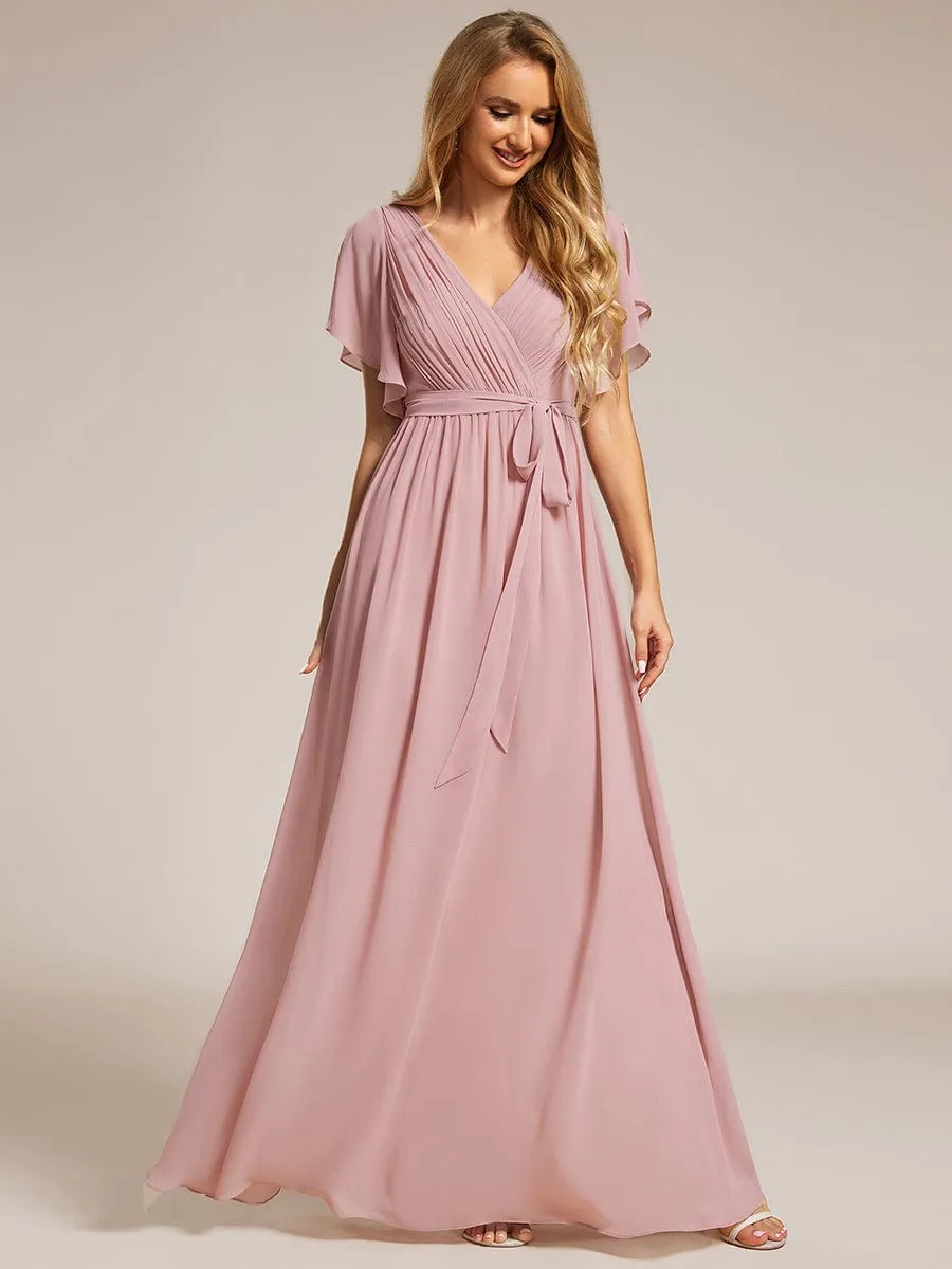 Chiffon Pleated V-Neck Flutter Sleeve Maxi Bridesmaid Dress