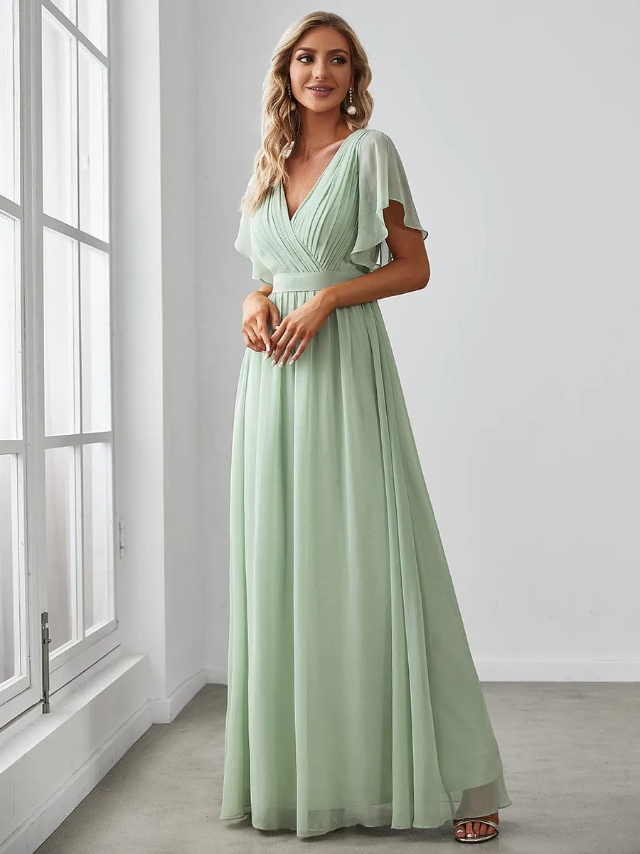 Chiffon Pleated V-Neck Flutter Sleeve Maxi Bridesmaid Dress