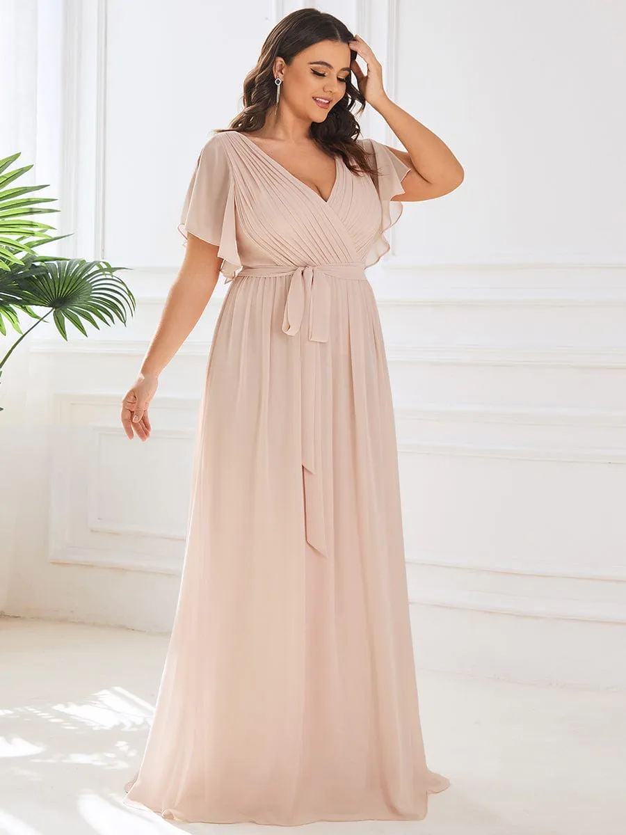 Chiffon Pleated V-Neck Flutter Sleeve Maxi Bridesmaid Dress