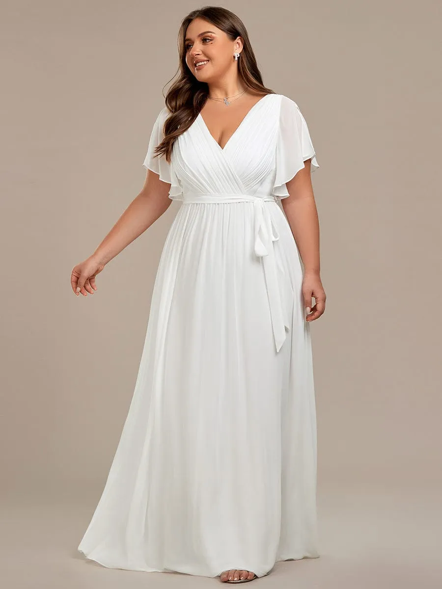 Chiffon Pleated V-Neck Flutter Sleeve Maxi Bridesmaid Dress