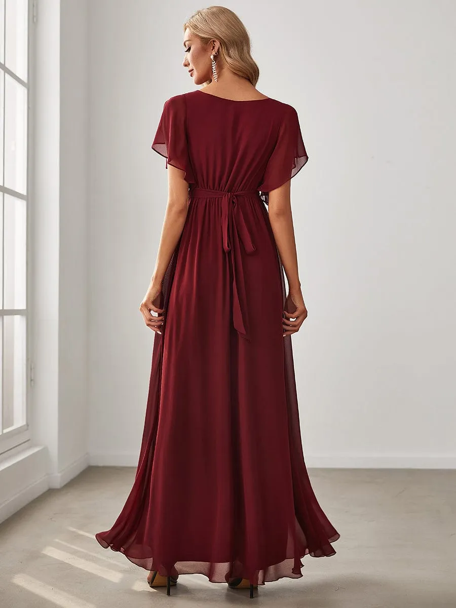 Chiffon Pleated V-Neck Flutter Sleeve Maxi Bridesmaid Dress