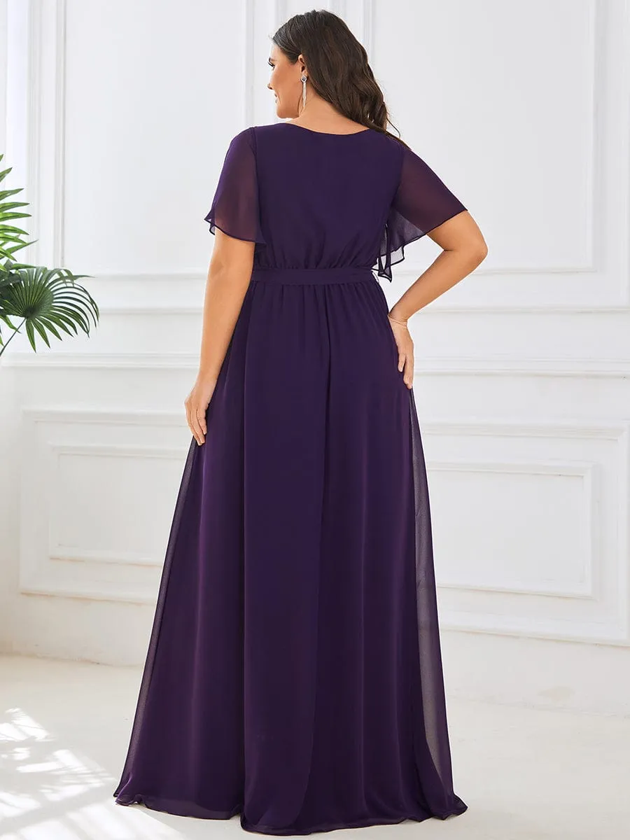 Chiffon Pleated V-Neck Flutter Sleeve Maxi Bridesmaid Dress