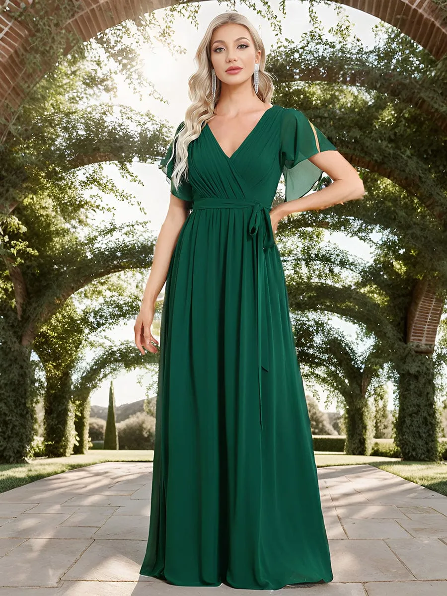 Chiffon Pleated V-Neck Flutter Sleeve Maxi Bridesmaid Dress