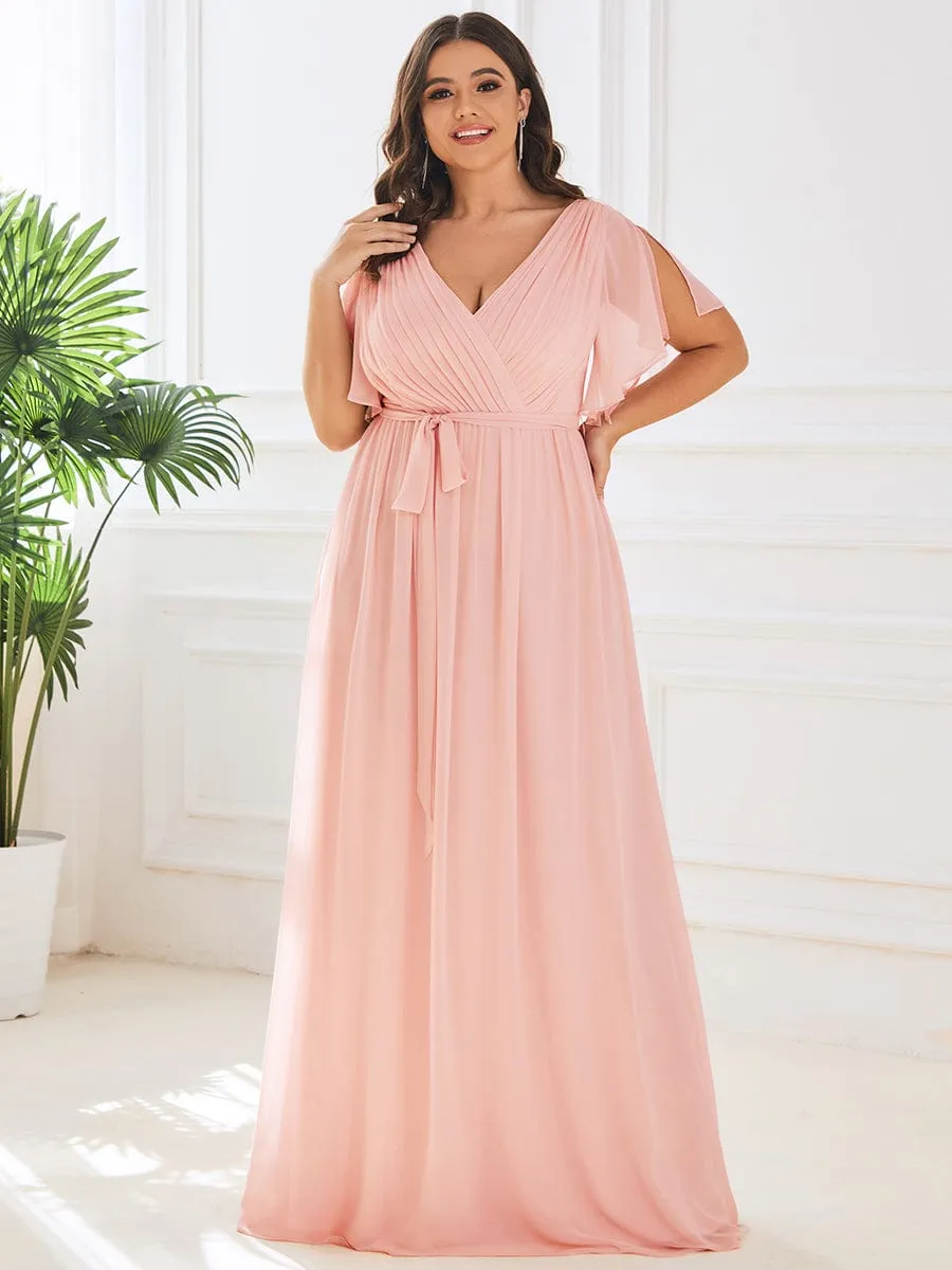 Chiffon Pleated V-Neck Flutter Sleeve Maxi Bridesmaid Dress