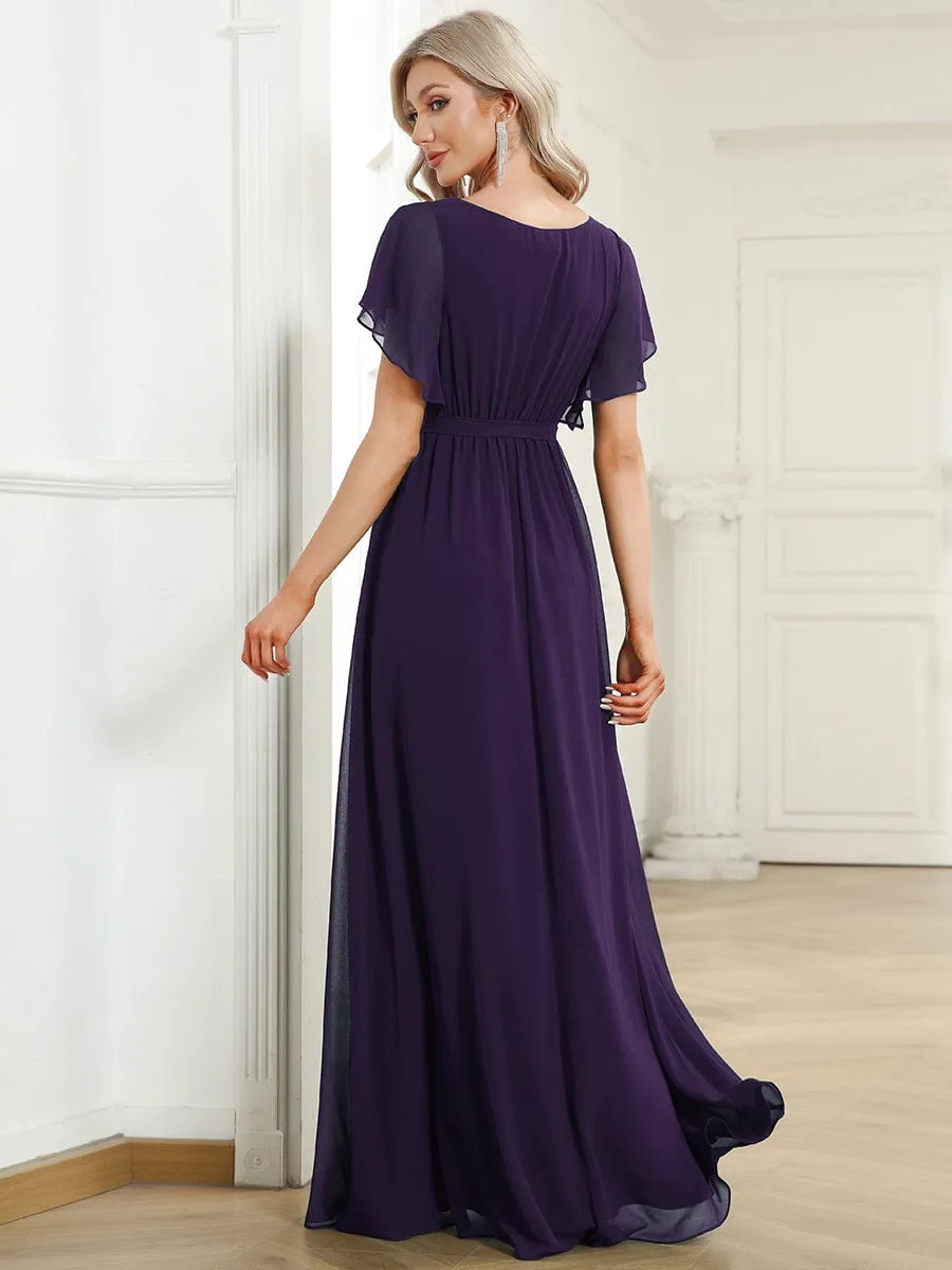 Chiffon Pleated V-Neck Flutter Sleeve Maxi Bridesmaid Dress