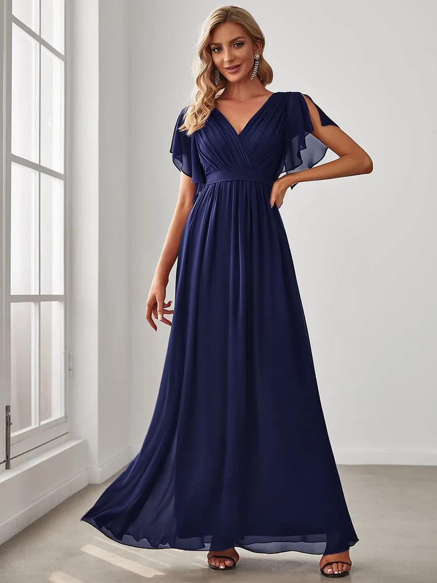 Chiffon Pleated V-Neck Flutter Sleeve Maxi Bridesmaid Dress