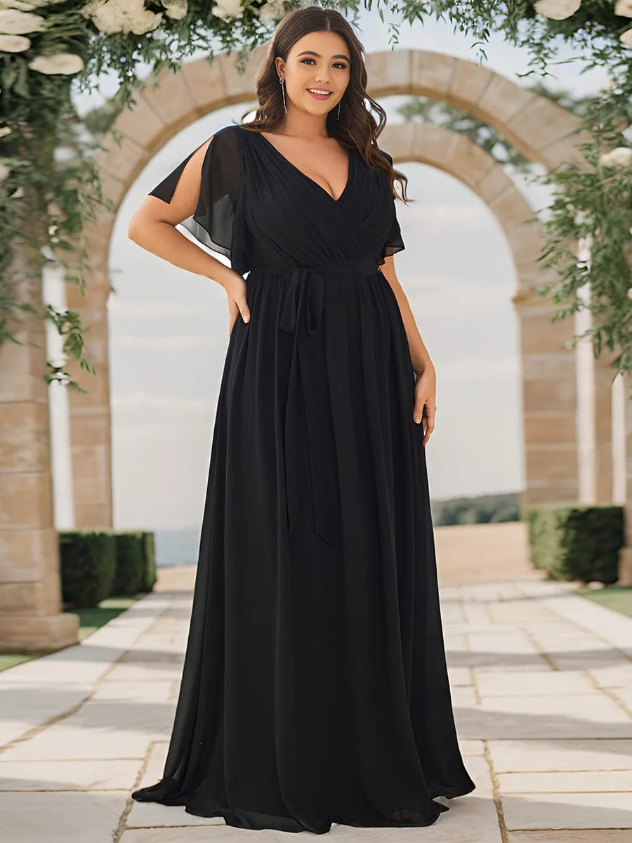 Chiffon Pleated V-Neck Flutter Sleeve Maxi Bridesmaid Dress