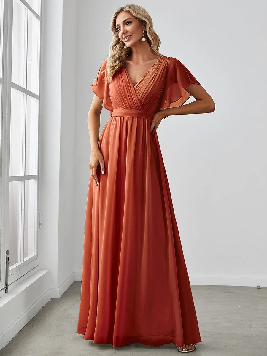 Chiffon Pleated V-Neck Flutter Sleeve Maxi Bridesmaid Dress