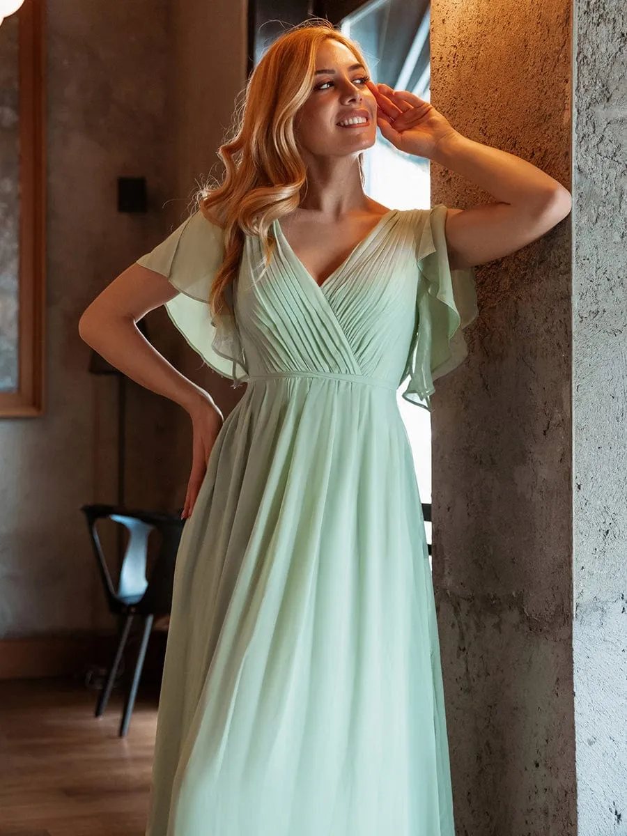 Chiffon Pleated V-Neck Flutter Sleeve Maxi Bridesmaid Dress