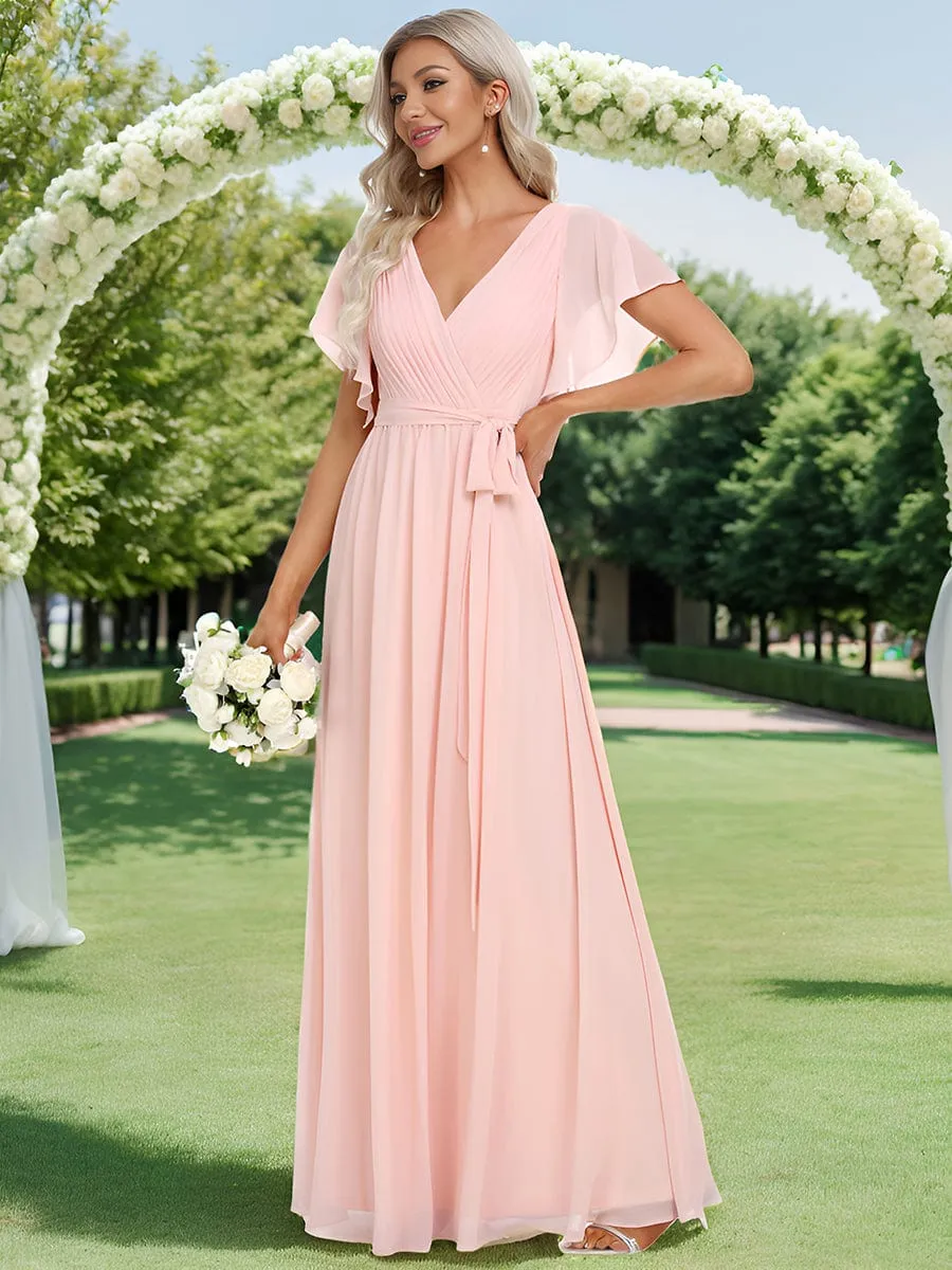 Chiffon Pleated V-Neck Flutter Sleeve Maxi Bridesmaid Dress