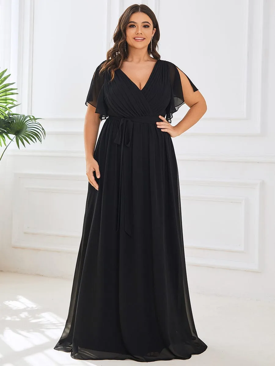 Chiffon Pleated V-Neck Flutter Sleeve Maxi Bridesmaid Dress