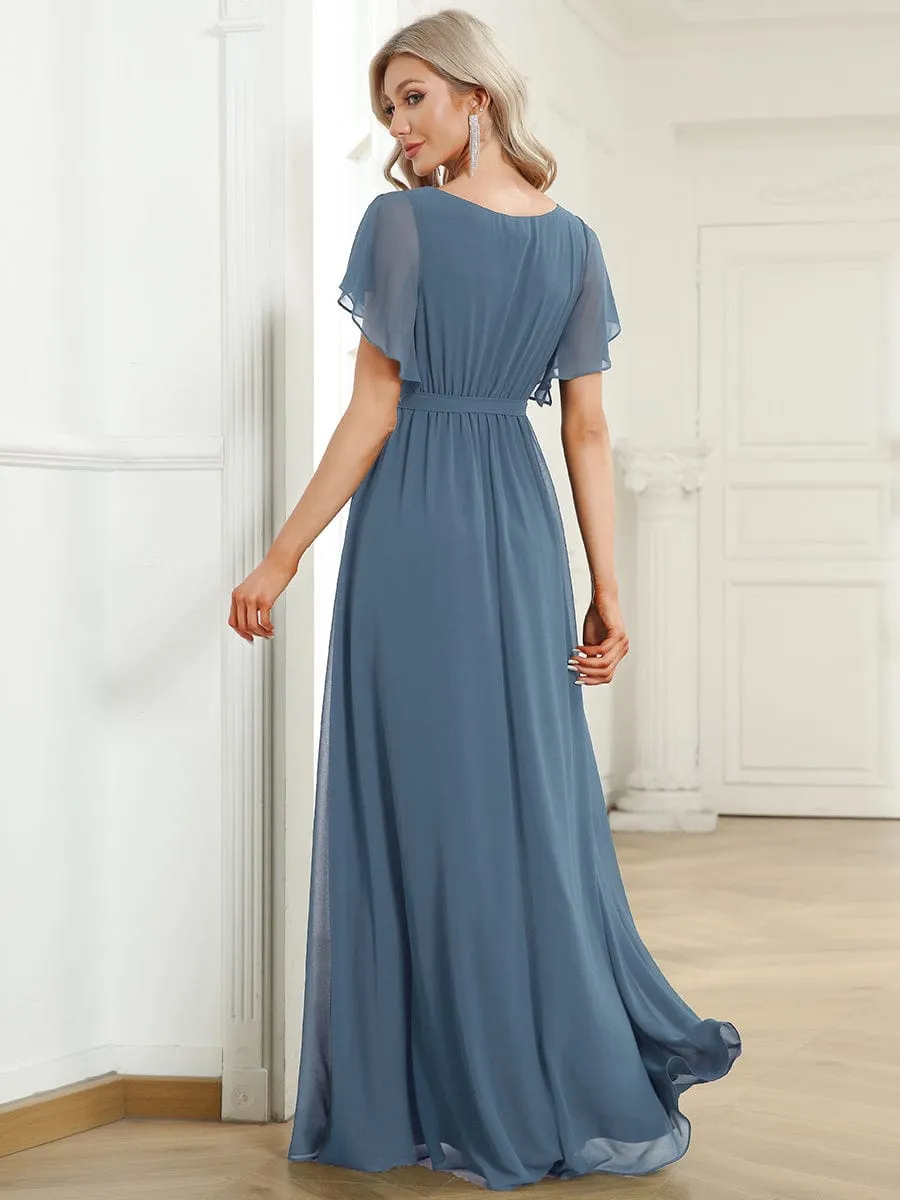 Chiffon Pleated V-Neck Flutter Sleeve Maxi Bridesmaid Dress
