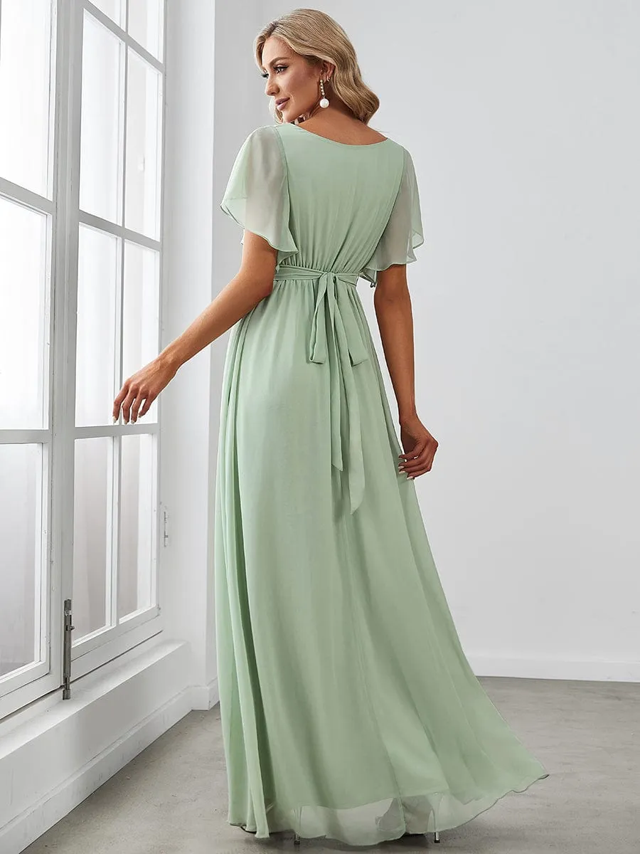 Chiffon Pleated V-Neck Flutter Sleeve Maxi Bridesmaid Dress