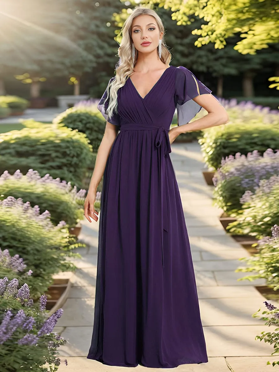 Chiffon Pleated V-Neck Flutter Sleeve Maxi Bridesmaid Dress